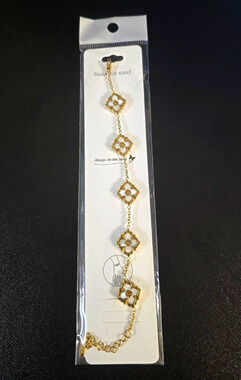 Stainless Steel Gold Tone Adjustable Cable Chain Bracelet White Enamel Clover